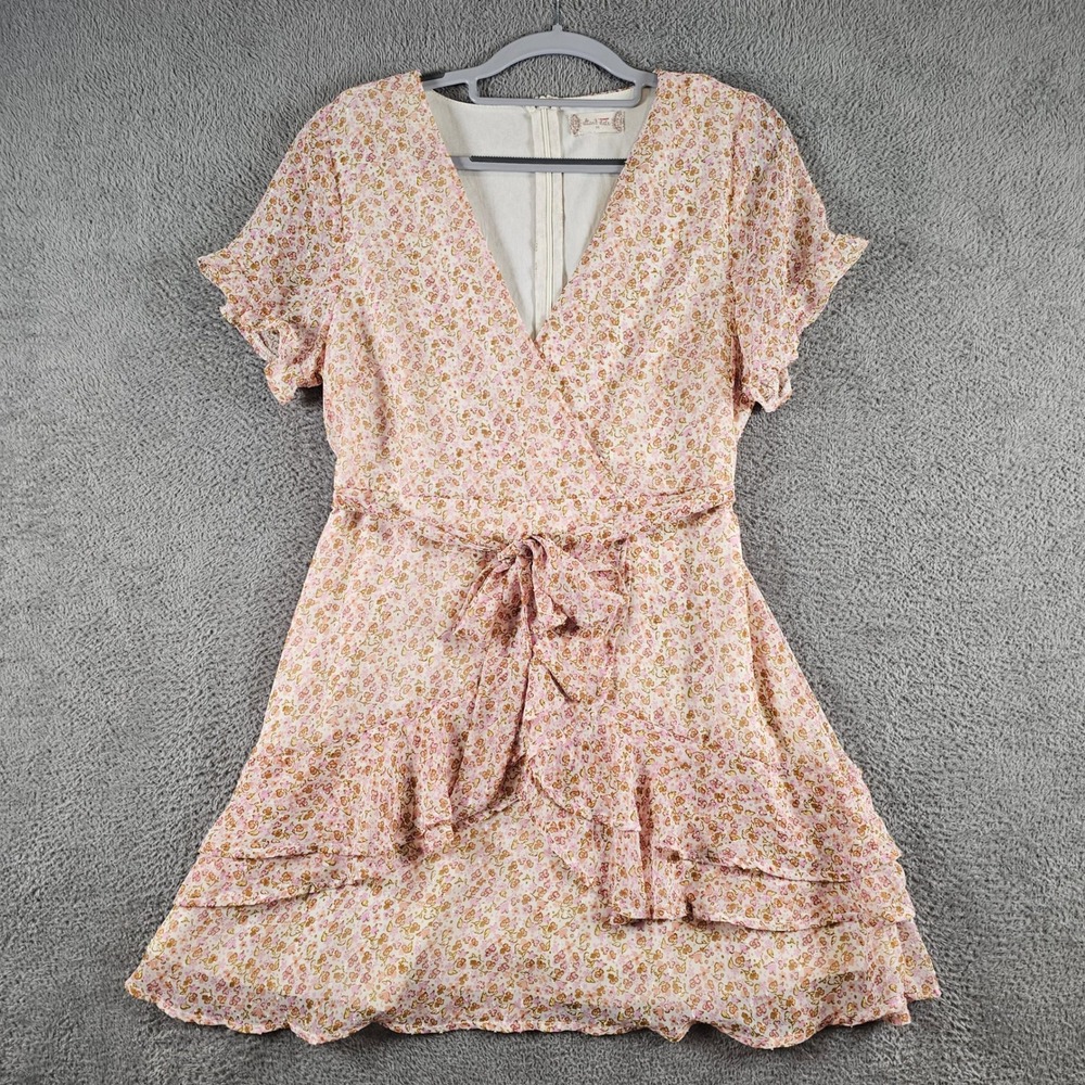 Altar'd State Pink Floral Tiered Ruffle Mini Dress Fia V-Neck Short Sleeve M